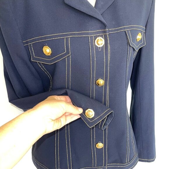 Anne Klein Womens Wool Jacket Navy Blue Size 8 Vintage Crepe Gold Buttons Lined - Picture 7 of 12